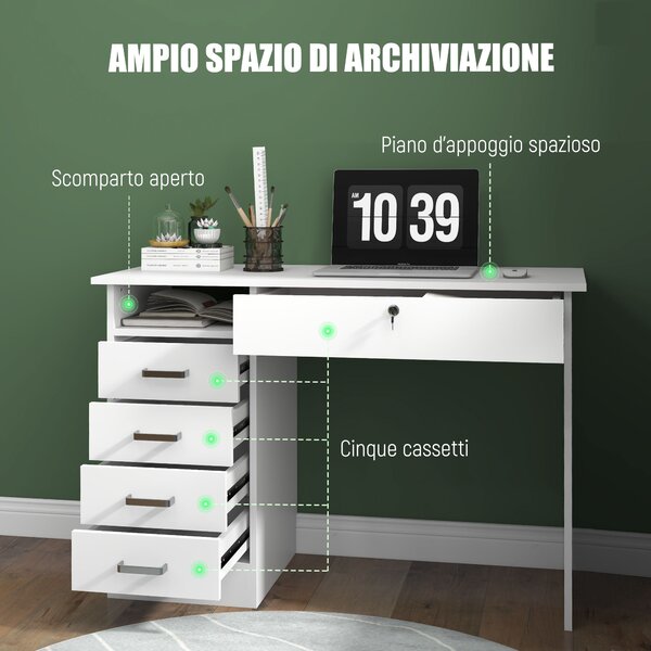 HOMCOM Scrivania Moderna con 5 Cassetti e Scomparto Aperto con Serratura e 2 Chiavi, 110x50x76cm, Bianco|Aosom