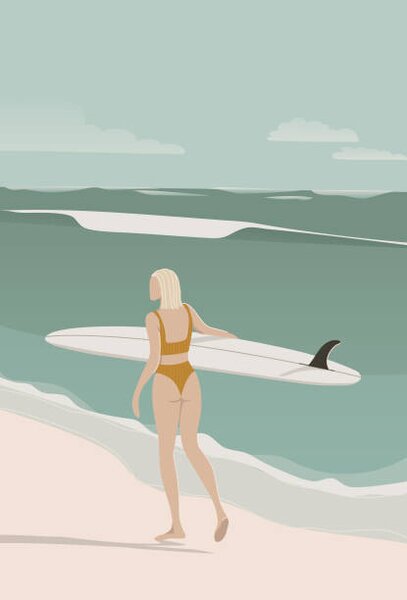 Illustrazione Surfer Girl Walking on the Beach, LucidSurf