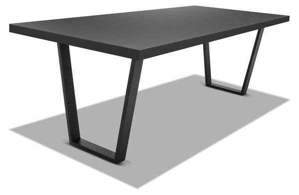 Tavolo da pranzo 220x100cm in legno e metallo con piedi trapezoidali e ripiano in colore legno nero