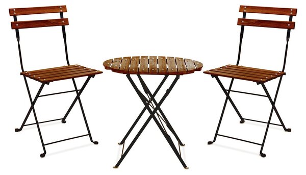 Avolio Bistrò - Set da giardino con tavolino e 2 sedie pieghevoli in acciaio e legno con finitura effetto teak. Bistrot set da esterno in stile retrò