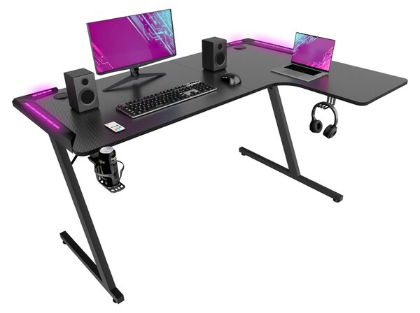 Shigeru - Scrivania da Gaming Angolare 140x99x76 cm con LED in MDF e Metallo Nero