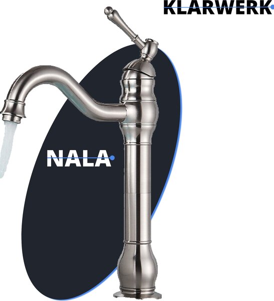 NALA | Rubinetto alto vintage per bagno argento spazzolato|Retro rubinetto di qualità in acciaio inox per lavabi alti | Rubinetto per lavabo 2 attacchi hotel