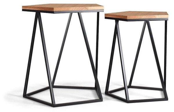Set 2 tavolini Design Geometrico da Caffe' sovrapponibili legno cedro ferro battuto salotto industrial moderno