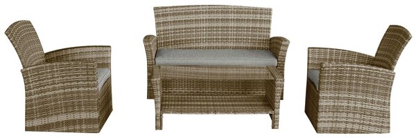Century - Salotto da giardino in alluminio e polyrattan con divano 2 posti + 2 poltrone + tavolino con ripiano in vetro 5mm. Set da giardino lounge completo di cuscini colori neutri