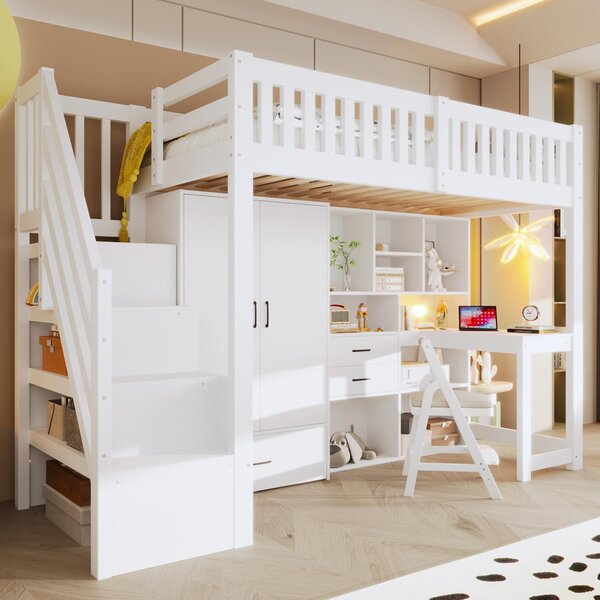 Letto a soppalco 90x200 cm con scrivania, armadio, spazio contenitivo, cassetti, ripiani aperti e ringhiera di sicurezza, colore bianco