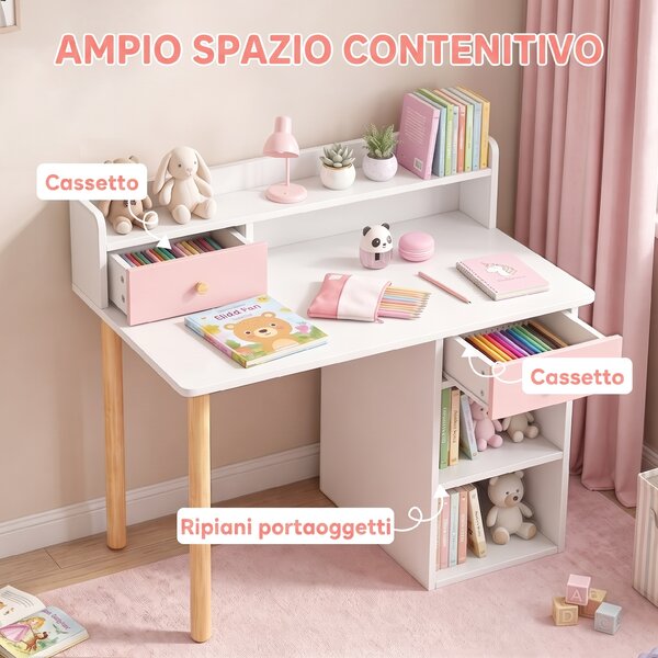 AIYAPLAY Set Scrivania e Sedia per Bambini con 2 Cassetti e Ripiani in Legno, per Cameretta, Studio, Asilo, Rosa | Aosom Italy