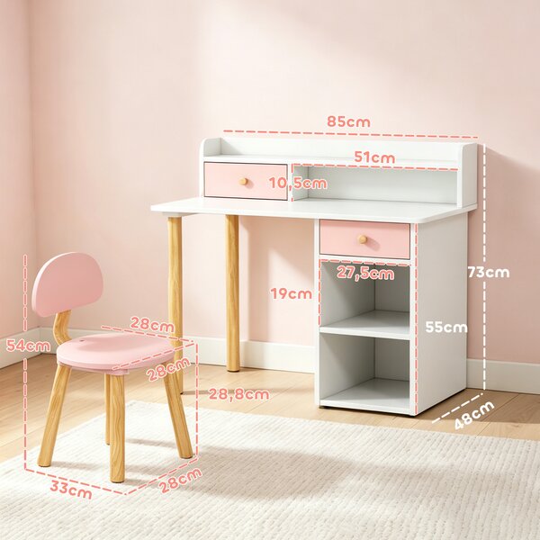 AIYAPLAY Set Scrivania e Sedia per Bambini con 2 Cassetti e Ripiani in Legno, per Cameretta, Studio, Asilo, Rosa | Aosom Italy