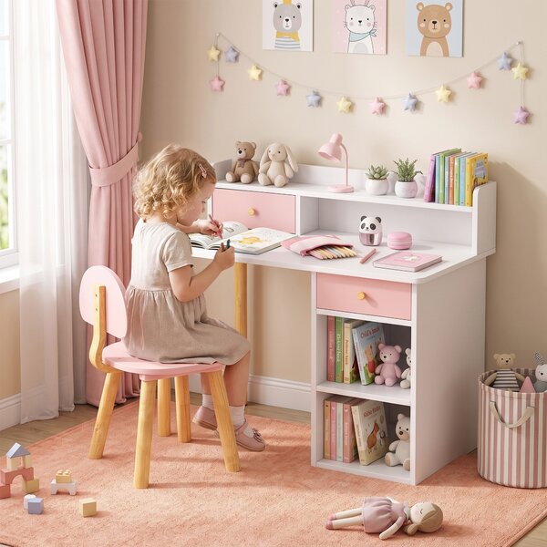 AIYAPLAY Set Scrivania e Sedia per Bambini con 2 Cassetti e Ripiani in Legno, per Cameretta, Studio, Asilo, Rosa | Aosom Italy