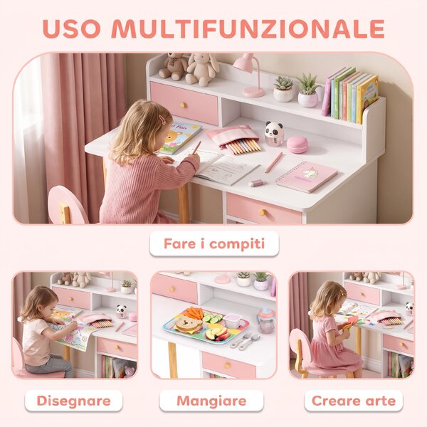 AIYAPLAY Set Scrivania e Sedia per Bambini con 2 Cassetti e Ripiani in Legno, per Cameretta, Studio, Asilo, Rosa | Aosom Italy