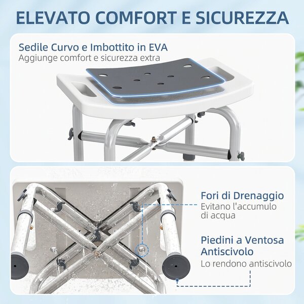HOMCOM Sgabello per Doccia in Alluminio con Altezza Regolabile e Piedini Antiscivolo a Ventosa, Grigio | Aosom Italy