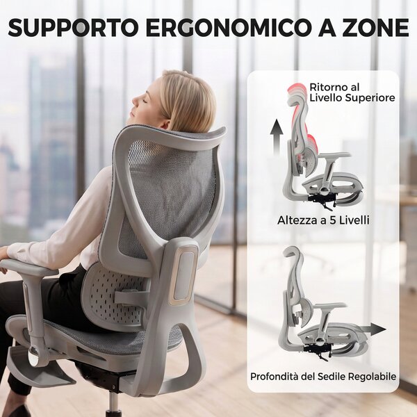 HOMCOM Sedia da Ufficio Ergonomica con Poggiapiedi e Rete Traspirante, Grigio | Aosom Italy