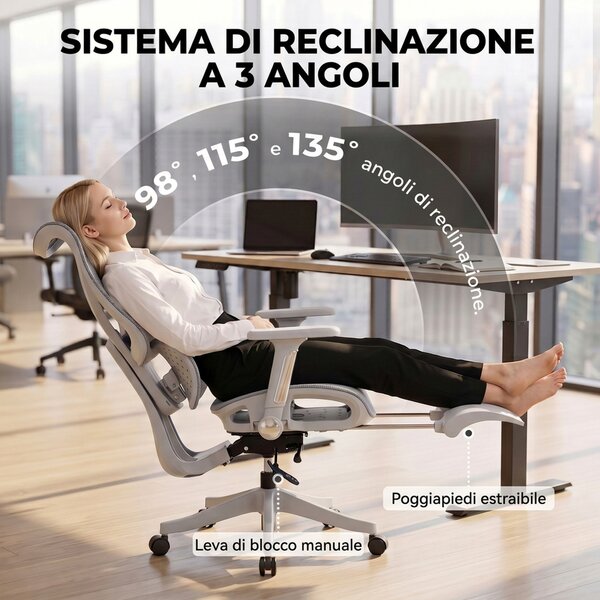 HOMCOM Sedia da Ufficio Ergonomica con Poggiapiedi e Rete Traspirante, Grigio | Aosom Italy