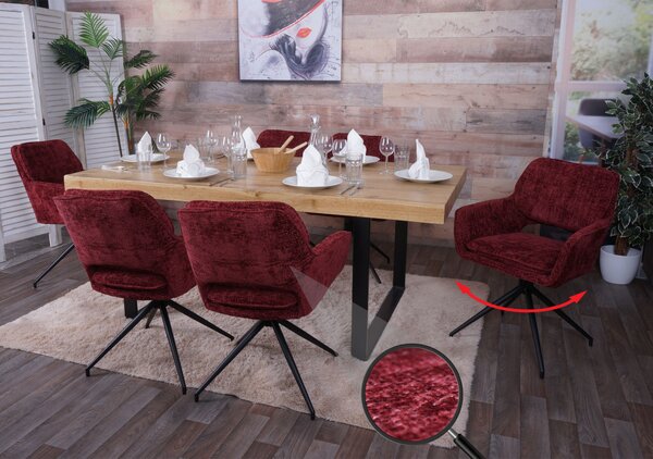 Set di 6 sedie per sala da pranzo HWC-N74, sedia da cucina, girevole a ritorno automatico, tessuto di ciniglia (490g/m²) Oeko-Tex ~ bordeaux
