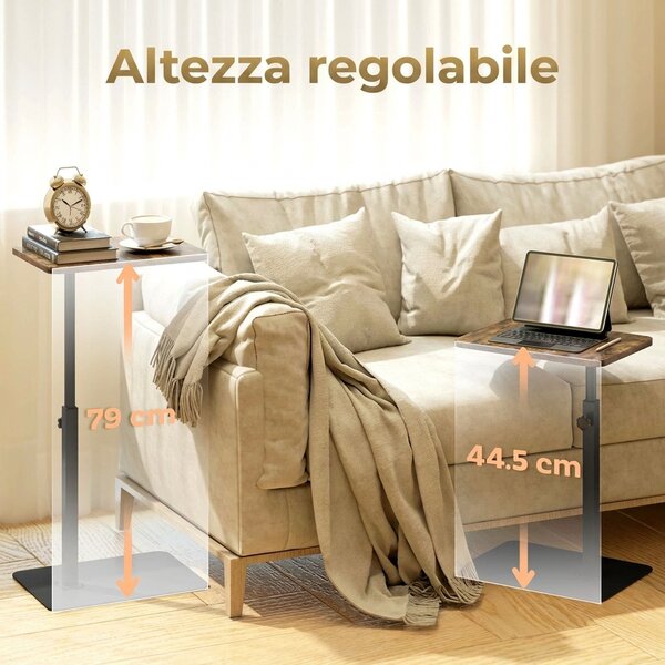 HOMCOM Tavolino Laterale a Forma di C, Regolabile in Altezza, Tavolino per Divano in Metallo, per Spazi Ridotti, Soggiorno, Camera da Letto, Marrone Rustico | Aosom Italy