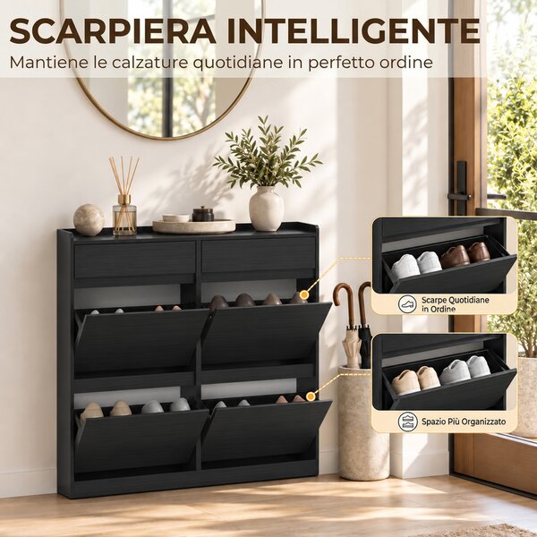 HOMCOM Scarpiera Slim in Legno con 4 Cassetti a Ribalta e 2 Cassetti Scorrevoli, 98x19.2x95.3 cm, Nero | Aosom Italy