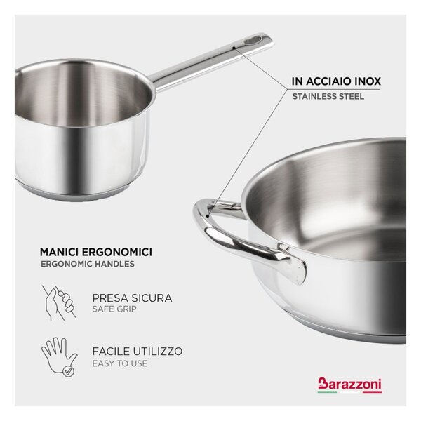 Barazzoni Chef Line Casseruola Manico Lungo 16cm 1,5L Acciao Inox 18/10 Fondo Triplen Plus per Gas Elettrico Induzione