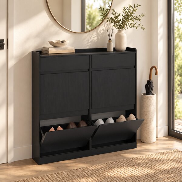 HOMCOM Scarpiera Slim in Legno con 4 Cassetti a Ribalta e 2 Cassetti Scorrevoli, 98x19.2x95.3 cm, Nero | Aosom Italy