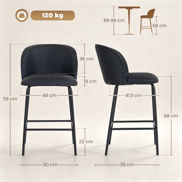 HOMCOM Set 2 Sgabelli da Bar con Schienale e Poggiapiedi, Rivestimento in Tessuto e Gambe in Acciaio, Nero | Aosom Italy
