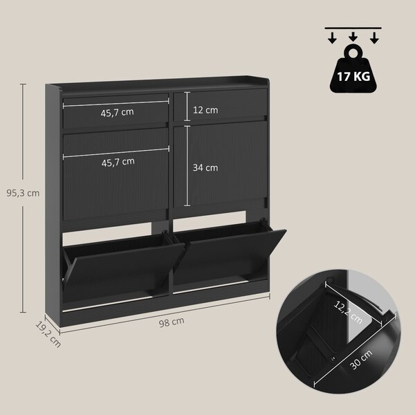 HOMCOM Scarpiera Slim in Legno con 4 Cassetti a Ribalta e 2 Cassetti Scorrevoli, 98x19.2x95.3 cm, Nero | Aosom Italy
