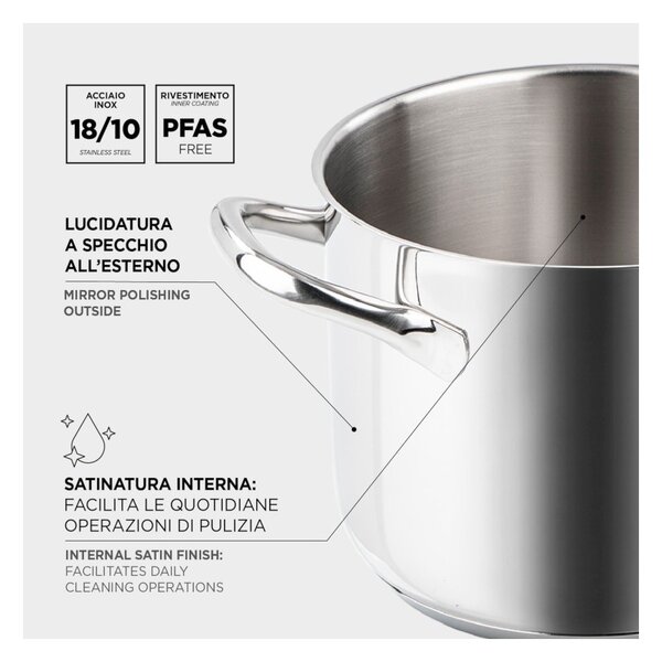 Barazzoni Chef Line Casseruola Manico Lungo 16cm 1,5L Acciao Inox 18/10 Fondo Triplen Plus per Gas Elettrico Induzione