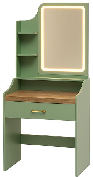 Afrodite - Toeletta Trucco con Luce LED Cassetto 3 Ripiani e Prese Postazione Make Up in Legno Salvia