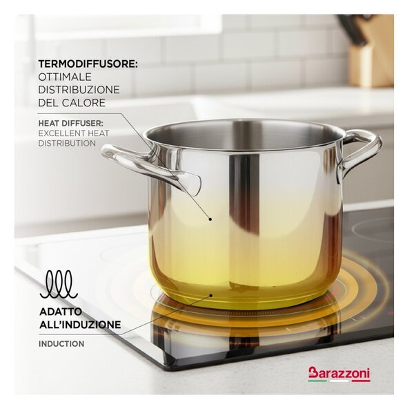 Barazzoni Chef Line Casseruola Manico Lungo 16cm 1,5L Acciao Inox 18/10 Fondo Triplen Plus per Gas Elettrico Induzione