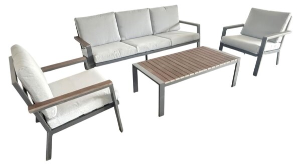 Ikigai - Set Salotto da Giardino Divano 3 Posti 2 Poltrone e Tavolino con Cuscini in Alluminio e Legno Plywood