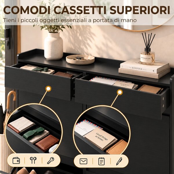 HOMCOM Scarpiera Slim in Legno con 4 Cassetti a Ribalta e 2 Cassetti Scorrevoli, 98x19.2x95.3 cm, Nero | Aosom Italy