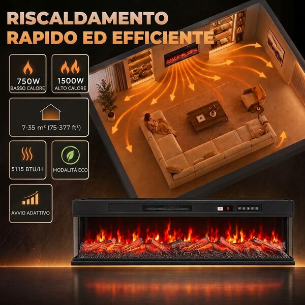 HOMCOM Camino Elettrico da Terra/Incasso a 3 Lati con Telecomando, 750/1500W, Effetto Fiamma 3D 12 Colori, 5 Luminosità | Aosom Italy