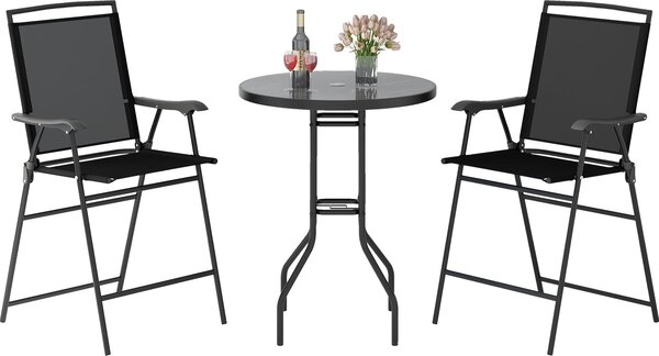 Set da esterno composto da 3 elementi per bar, con piano del tavolo in materiale DPC e foro per ombrellone, tavolo da terrazza con struttura in metallo, 2 sedie pieghevoli, colore nero