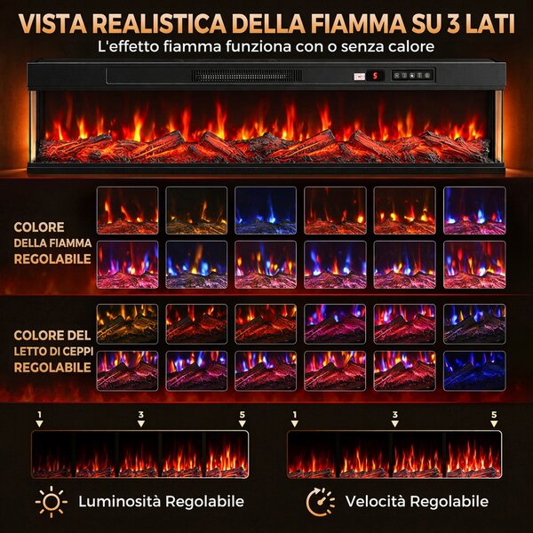 HOMCOM Camino Elettrico da Terra/Incasso a 3 Lati con Telecomando, 750/1500W, Effetto Fiamma 3D 12 Colori, 5 Luminosità | Aosom Italy