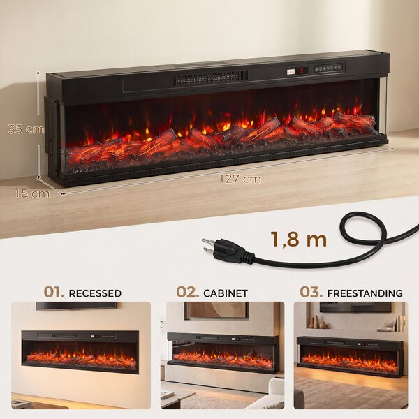 HOMCOM Camino Elettrico da Terra/Incasso a 3 Lati con Telecomando, 750/1500W, Effetto Fiamma 3D 12 Colori, 5 Luminosità | Aosom Italy
