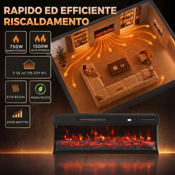 HOMCOM Camino Elettrico da Terra/Incasso a 3 Lati con Telecomando, 750/1500W, Effetto Fiamma 3D 12 Colori, 5 Luminosità | Aosom Italy
