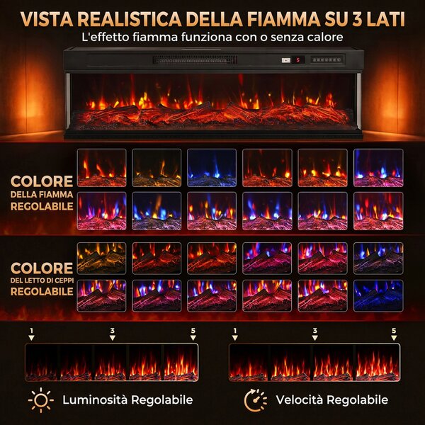 HOMCOM Camino Elettrico da Terra/Incasso a 3 Lati con Telecomando, 750/1500W, Effetto Fiamma 3D 12 Colori, 5 Luminosità | Aosom Italy