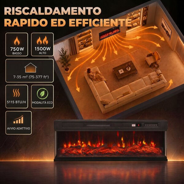 HOMCOM Camino Elettrico da Terra/Incasso a 3 Lati con Telecomando, 750/1500W, Effetto Fiamma 3D 12 Colori, 5 Luminosità | Aosom Italy