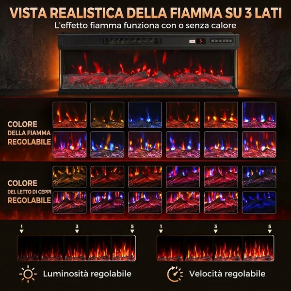 HOMCOM Camino Elettrico da Terra/Incasso a 3 Lati con Telecomando, 750/1500W, Effetto Fiamma 3D 12 Colori, 5 Luminosità | Aosom Italy