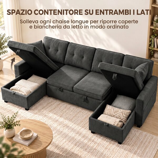 HOMCOM Grande Divano Letto a U Estraibile con 2 Chaise Longue, Vani Contenitore e 2 Cuscini, in Ciniglia, Grigio Scuro | Aosom Italy