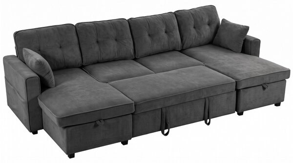 HOMCOM Grande Divano Letto a U Estraibile con 2 Chaise Longue, Vani Contenitore e 2 Cuscini, in Ciniglia, Grigio Scuro | Aosom Italy