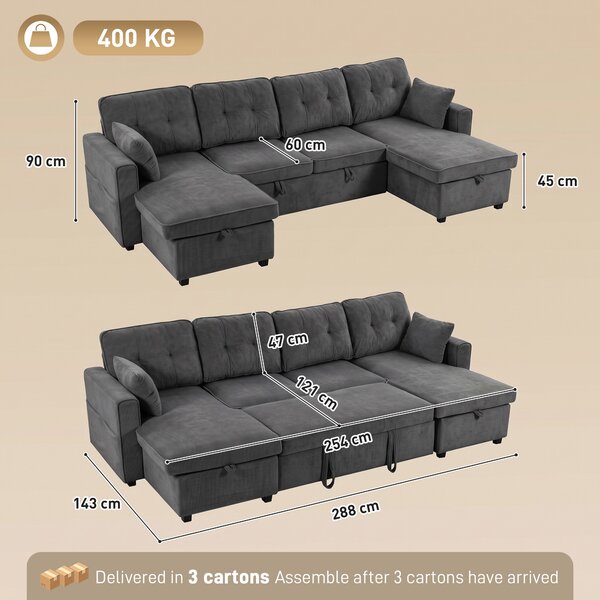 HOMCOM Grande Divano Letto a U Estraibile con 2 Chaise Longue, Vani Contenitore e 2 Cuscini, in Ciniglia, Grigio Scuro | Aosom Italy