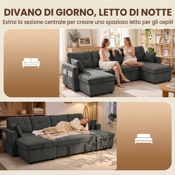 HOMCOM Grande Divano Letto a U Estraibile con 2 Chaise Longue, Vani Contenitore e 2 Cuscini, in Ciniglia, Grigio Scuro | Aosom Italy