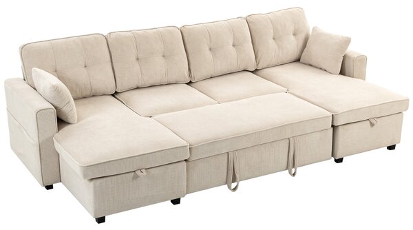 HOMCOM Grande Divano Letto Angolare a U Estraibile con 2 Chaise Longue, Vani Contenitore e 2 Cuscini, in Ciniglia, Beige | Aosom Italy