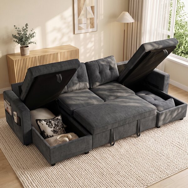 HOMCOM Grande Divano Letto a U Estraibile con 2 Chaise Longue, Vani Contenitore e 2 Cuscini, in Ciniglia, Grigio Scuro | Aosom Italy