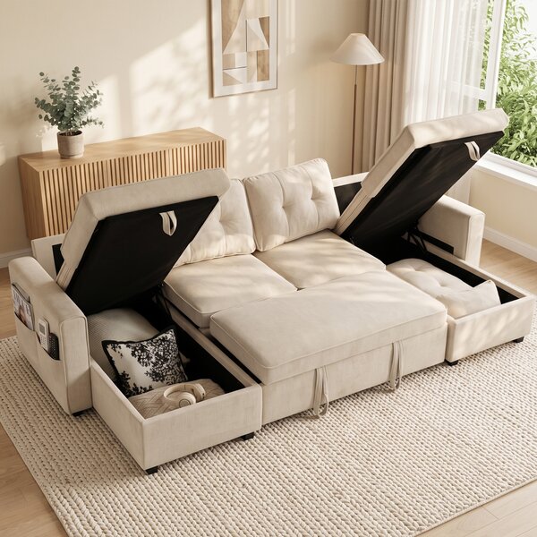 HOMCOM Grande Divano Letto Angolare a U Estraibile con 2 Chaise Longue, Vani Contenitore e 2 Cuscini, in Ciniglia, Beige | Aosom Italy