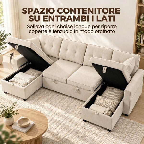HOMCOM Grande Divano Letto Angolare a U Estraibile con 2 Chaise Longue, Vani Contenitore e 2 Cuscini, in Ciniglia, Beige | Aosom Italy