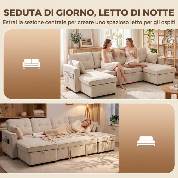 HOMCOM Grande Divano Letto Angolare a U Estraibile con 2 Chaise Longue, Vani Contenitore e 2 Cuscini, in Ciniglia, Beige | Aosom Italy