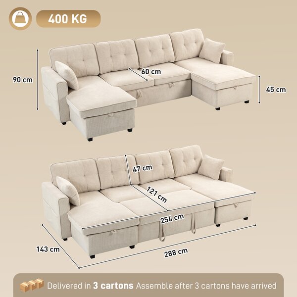 HOMCOM Grande Divano Letto Angolare a U Estraibile con 2 Chaise Longue, Vani Contenitore e 2 Cuscini, in Ciniglia, Beige | Aosom Italy