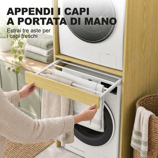 HOMCOM Mobile Salvaspazio per Lavatrice e Asciugatrice con Appendiabiti Estraibile, Rovere | Aosom Italy