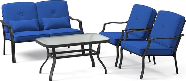 Set da giardino da 4 pezzi, set da esterno composto da 3 sedie imbottite e 1 tavolino in vetro temperato, set per il tempo libero con struttura in metallo, blu