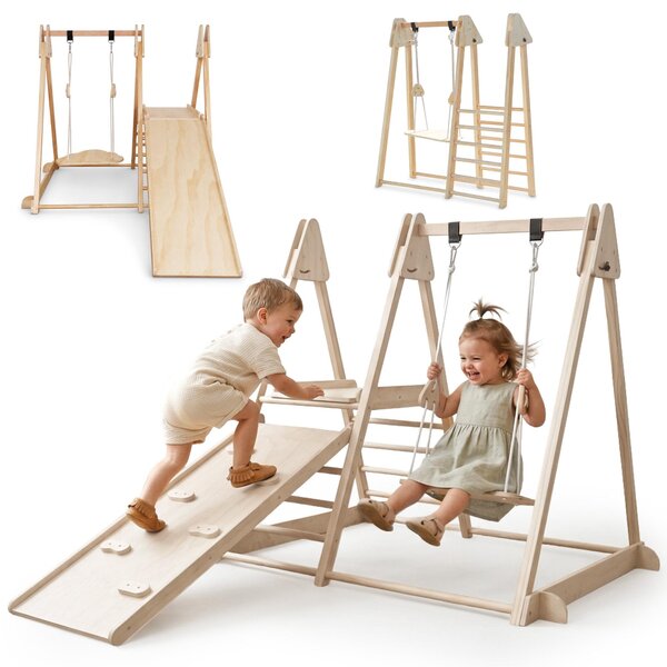 Parco giochi al coperto Mamabrum in legno con scivolo, altalena e parete da arrampicata