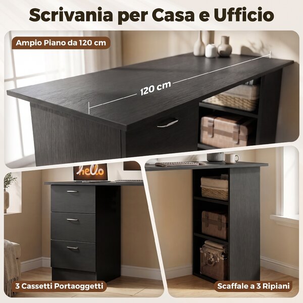 HOMCOM Scrivania Moderna PC con 3 Ripiani e 3 Cassetti per Camera e Ufficio, in Legno MDF, 120x49x72 cm, Nera | Aosom Italy